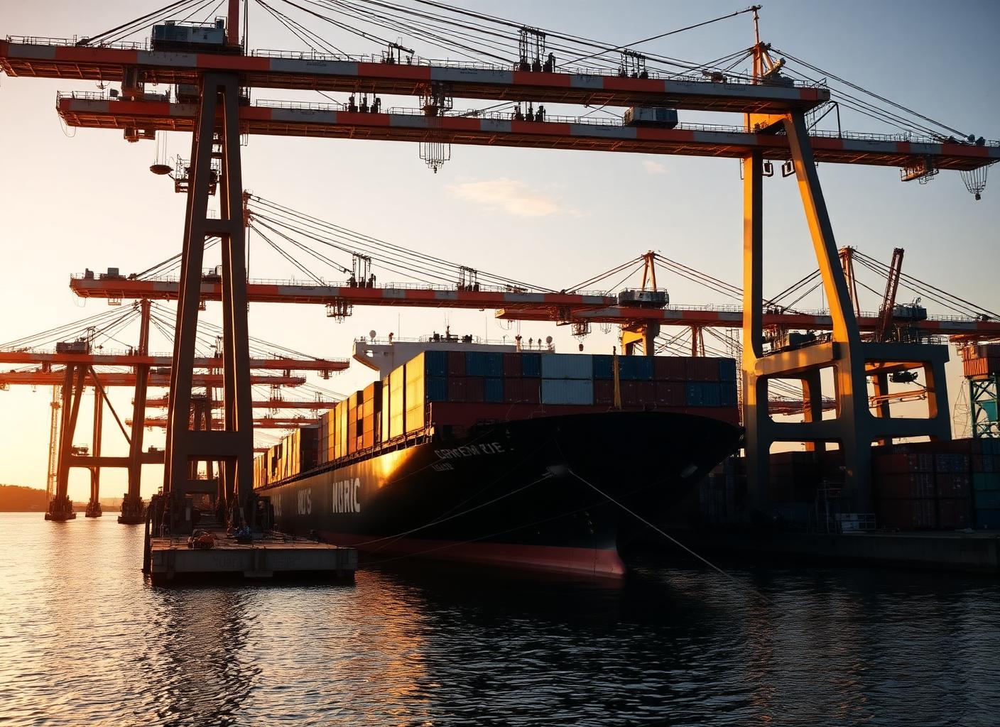 Philippine port operations with gantry cranes loading a container ship at golden hour