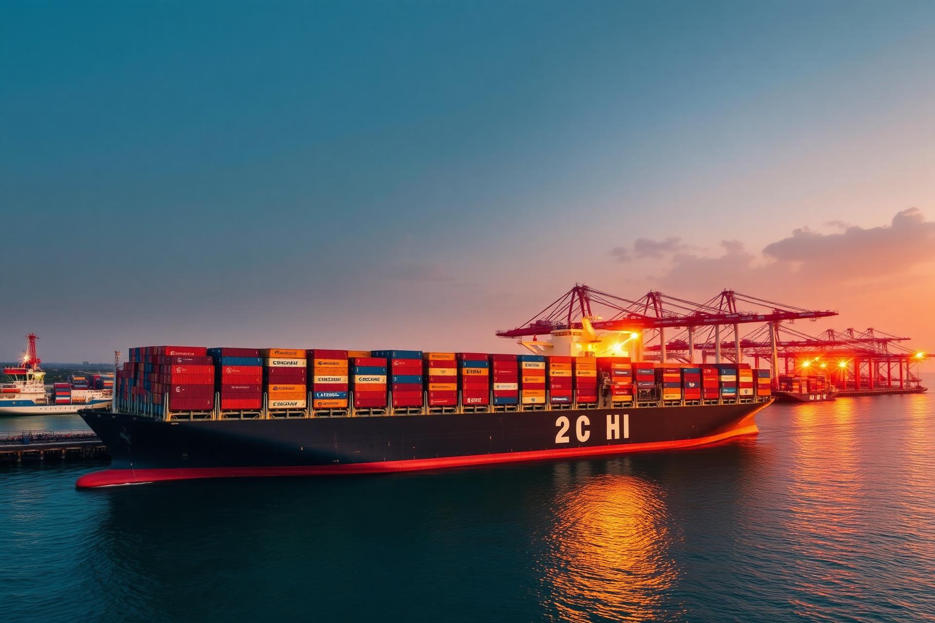 Container ship loading at a Philippine port at golden hour